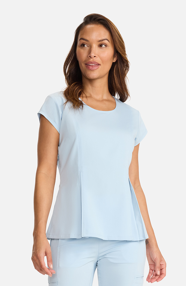 Women's Crew Neck Pleated Peplum Scrub Top, , large